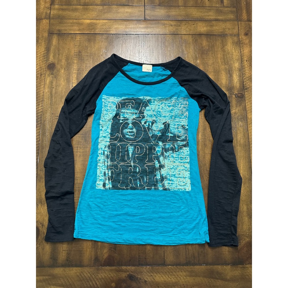 Y2K Daytrip Womens Peace Love Hippie Graphic Raglan Baseball Tee Blue Large